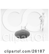 Clipart Illustration Of A White Figure Character Standing At The Top Of A Man Hole With A Ladder Pondering Going Inside