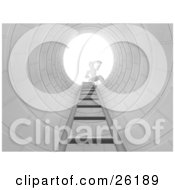 Clipart Illustration Of A White Figure Character Peering Down From The Top Of A Man Hole With A Ladder