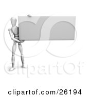 Clipart Illustration Of A White Figure Character Holding Up A Big Blank Rectangular Sign