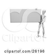 Clipart Illustration Of A White Figure Character Standing To The Right Holding Up A Big Blank Rectangular Sign by KJ Pargeter