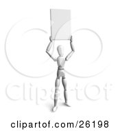 Clipart Illustration Of A White Figure Character Holding A Blank Sign Above His Head by KJ Pargeter