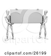 Two White Figure Characters Holding Up A Black Rectangular Sign