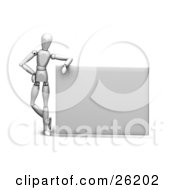 Poster, Art Print Of White Figure Character Leaning On A Large Blank Sign
