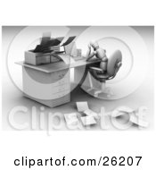 Clipart Illustration Of A White Figure Character Sitting Depressed At Their Work Desk As Their Printer Spits Out Papers