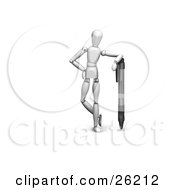 Clipart Illustration Of A White Figure Character Leaning On A Pen