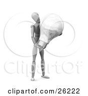 Poster, Art Print Of White Figure Character Carrying A Large White Electric Lightbulb