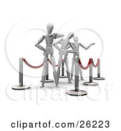 Poster, Art Print Of Three Impatient White Figure Characters Waiting In Line
