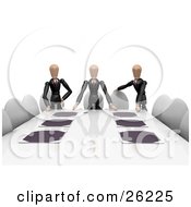 Clipart Illustration Of Three Tan Figure Characters In Business Suits Standing At The End Of A Conference Table by KJ Pargeter
