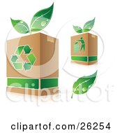 Clipart Illustration Of A Green Leaf Wet With Dew By Two Recycle Boxes With Plants Sprouting From The Tops