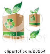 Poster, Art Print Of Green Leaf Wet With Dew By Two Recycle Boxes With Plants Sprouting From The Tops