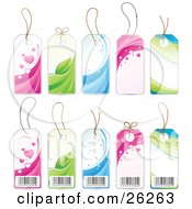 Collection Of Heart Leaf Water Star And Wave Retail Labels Showing The Fronts And Backs With Barcodes On A White Background