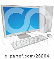 Desktop Computer With A Blue Flat Screen Monitor