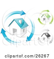 Poster, Art Print Of Blue Green And Gray Homes With Matching Colored Arrows Circling Around Them Symbolizing Remodeling Real Estate Or Eco Friendly Housing