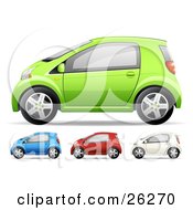 Green Blue Red And White Compact Cars On A White Background