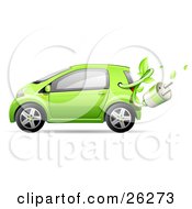 Cute Green Compact Car Resembling A Yaris With A Leafy Vine And Plug Emerging From The Gas Tank