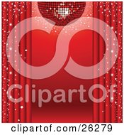 Sparkling Red Disco Ball Suspended Over A Red Stage With Red Curtains And Star Confetti