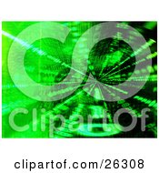 Poster, Art Print Of Bright Green Zeros And Ones Forming Binary Code Over A Spinning Black Background