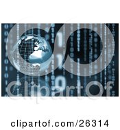 Clipart Illustration Of A Silver Wire Frame Planet Earth Resting On A Reflective Surface Over A Background Of Vertical Binary Coding With Slight Blue Toning