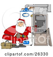 Santa Bending Over And Repairing Wires In An Hvac System For Christmas