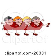 Four Pink Lady Pigs In Dresses Heels And Wigs Kicking Their Legs Up While Dancing In A Chorus Line