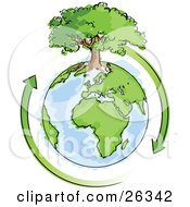 Clipart Illustration Of A Large Tree Growing On Top Of The Earth With Green Arrows Circling Around It