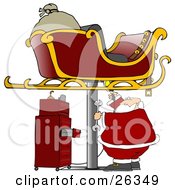 Clipart Illustration Of A Sleigh Up On A Jack In A Garage With Santa Repairing It For Christmas Flight by djart #COLLC26349-0006