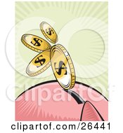 Clipart Illustration Of A Line Of Golden Coins Rushing Towards The Slot In A Pink Piggy Bank