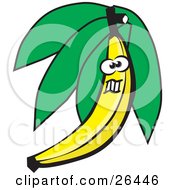 Clipart Illustration Of A Yellow Banana Character With Leaves Making A Funny Face