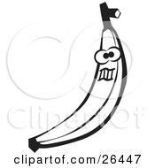 Clipart Illustration Of A Banana Character Making A Funny Face Black And White by David Rey