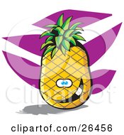 Goofy Pineapple Character Smiling With A Purple And White Background
