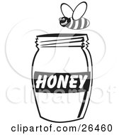 Poster, Art Print Of Grinning Bee Flying Above A Jar Of Honey Black And White