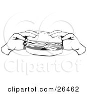 Clipart Illustration Of A Pair Of Hands Holding A Fast Food Cheeseburger Or Hamburger Black And White by David Rey