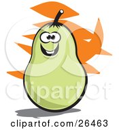 Poster, Art Print Of Smiling Green Pear Character With An Orange And White Background