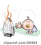 Poster, Art Print Of Crawling Baby Reaching For A Dangerous Hot Iron That Was Left On