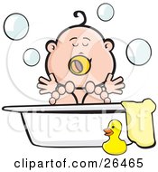 Clipart Illustration Of A Happy Baby Playing In Bubbles In A Tub With A Towel And Rubber Ducky At The Side