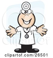 Clipart Illustration Of A Friendly Male Doctor Wearing A Head Lamp Stethoscope And Lab Coat Holding His Arms Out