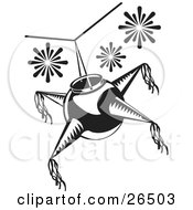 Clipart Illustration Of A Mexican Pinata Hanging From A Ceiling At A Birthday Or Holiday Party Black And White by David Rey