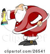 Santa Claus Bending Over Slightly And Shining A Flashlight Downwards