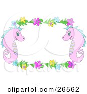 Clipart Illustration Of Two Pink Seahorses With Blue Yellow And Pink Flowers Bordering A White Stationery Background by bpearth