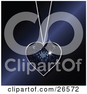 Clipart Illustration Of A Sparkling Dark Blue Disco Heart Necklace Suspended Over A Blue Reflective Surface