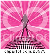 Silhouetted Woman A Disco Queen Standing On Top Of A Pink Disco Ball Over A Bursting Pink Background by elaineitalia