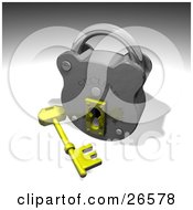Clipart Illustration Of A Golden Skeleton Key Resting In Front Of A Silver Security Padlock by AtStockIllustration