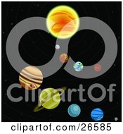 Various Colorful Planets Circling Around A Sun In A Solar System In Outer Space