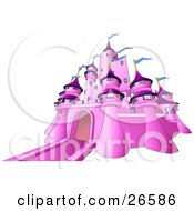 Pink Fairy Tale Castle With Blue Flags Waving From The Towers Over White