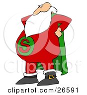 Super Santa Wearing A Red Suit With A Green Cape Standing With His Hands On His Hips by djart
