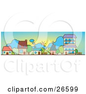 Clipart Illustration Of Three Houses A Church And Apartment Building On A Neighborhood Street On A Sunny Day by NoahsKnight #COLLC26599-0064