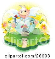 Clipart Illustration Of A Heart Shaped Angel House With A Mushroom Chimney And Flowers On The Sides