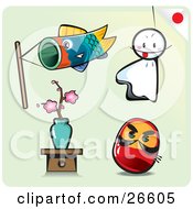 Clipart Illustration Of A Carp Fish Kite Sheet Ghost Sakura Bonsai And Toy Doll On A Pale Green Background