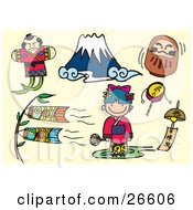 Poster, Art Print Of Fighting Japanese Kite Mount Fuji Doll Carp Kites Bell Girl And Toys Over A Tan Background