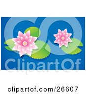 Clipart Illustration Of Two Pale Pink Waterlilies Floating With Lilypads On A Blue Pond by NoahsKnight